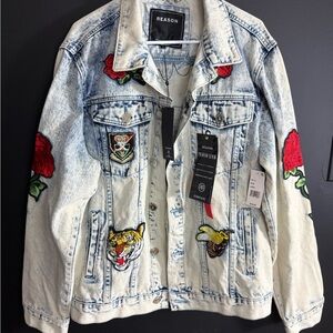 Reason Blue‎ Denim Jacket with Embroidery Tiger Roses